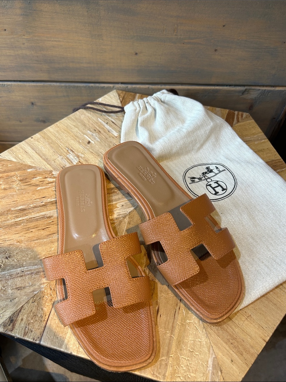 Hermès tan leather slide sandals